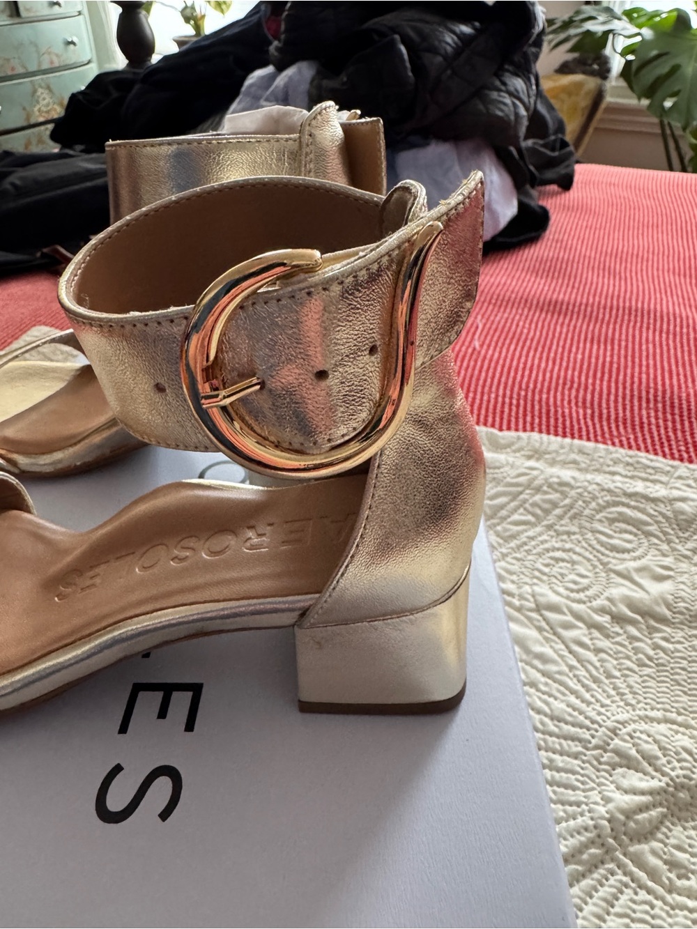 AEROSOLES Metallic Gold Buckle Block Heel Sandals